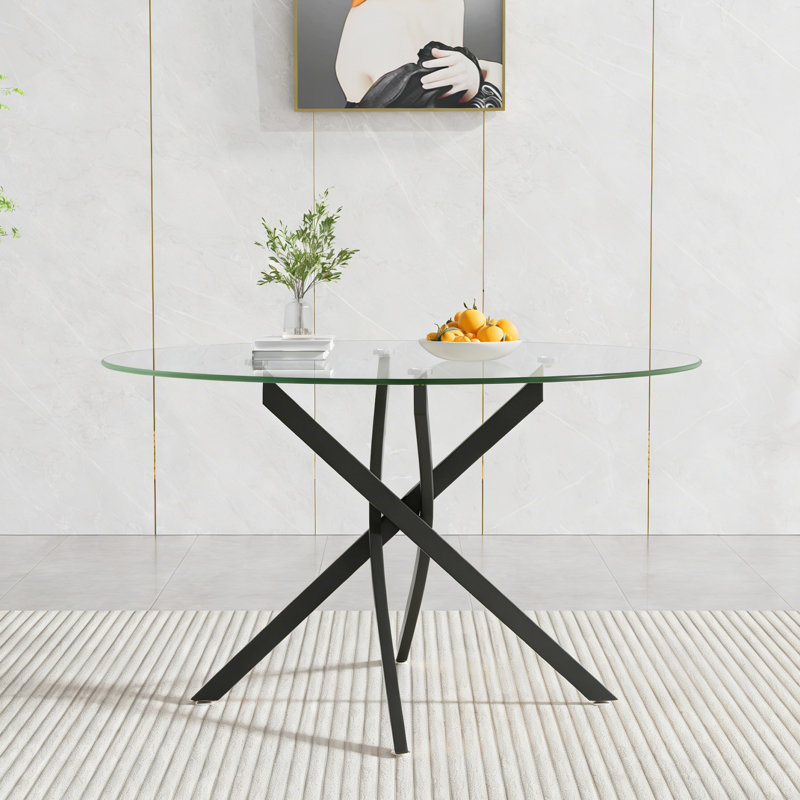 Modern 47" Round Dining Table for 4 6 People, Glass Kitchen Dining Room Table with Metal Cross Legs, Space Saving Circle Dinner Tables for Dining Room, Kitchen, Living Room