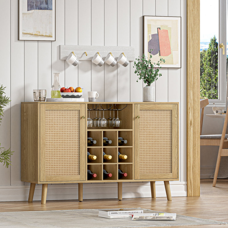 47.2" W Rattan Bar Cabinet with 9-grid Wine Rack, Wine Cabinet with Glass Holder for Dining Room and Living Room