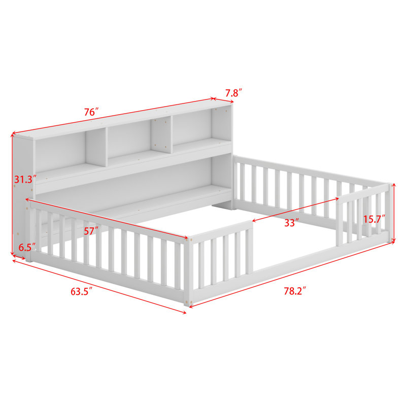 Floor Bed With Side Bookcase,Shelves,Guardrails, White