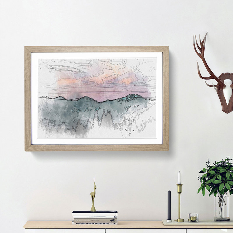 Mountain Divide in Abstract - Picture Frame Drawing Print, Oak Framed, 62cm H x 87cm W x 2cm D