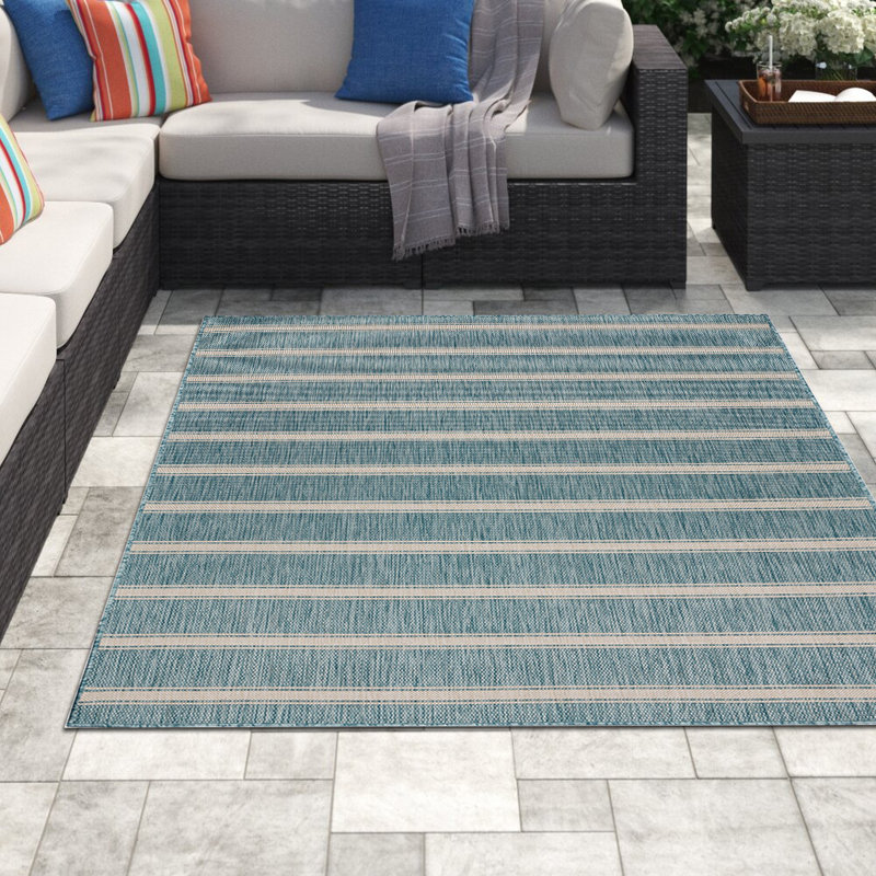 Holderman Striped Blue/Beige Power Loomed Indoor/Outdoor Area Rug, Rectangle 5'3" x 7'