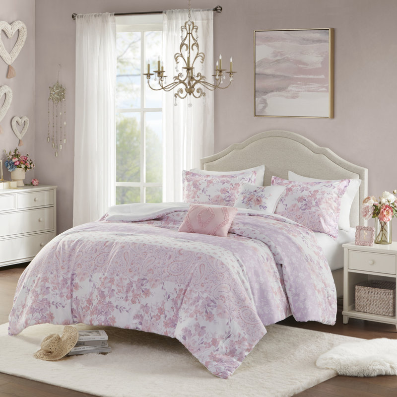 Romantic Pink Floral Paisley Full Comforter Set with Microfiber
