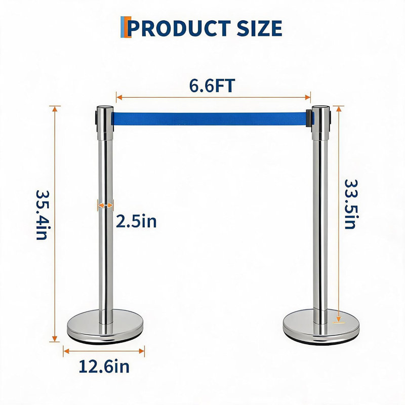 Barrières de contrôle des foules (lot de 4) – 4 poteaux avec 4 sangles rétractables, poteaux en acier robuste, système de sangles à 4 points, base lestable pour la gestion des files d'attente, argent et bleu