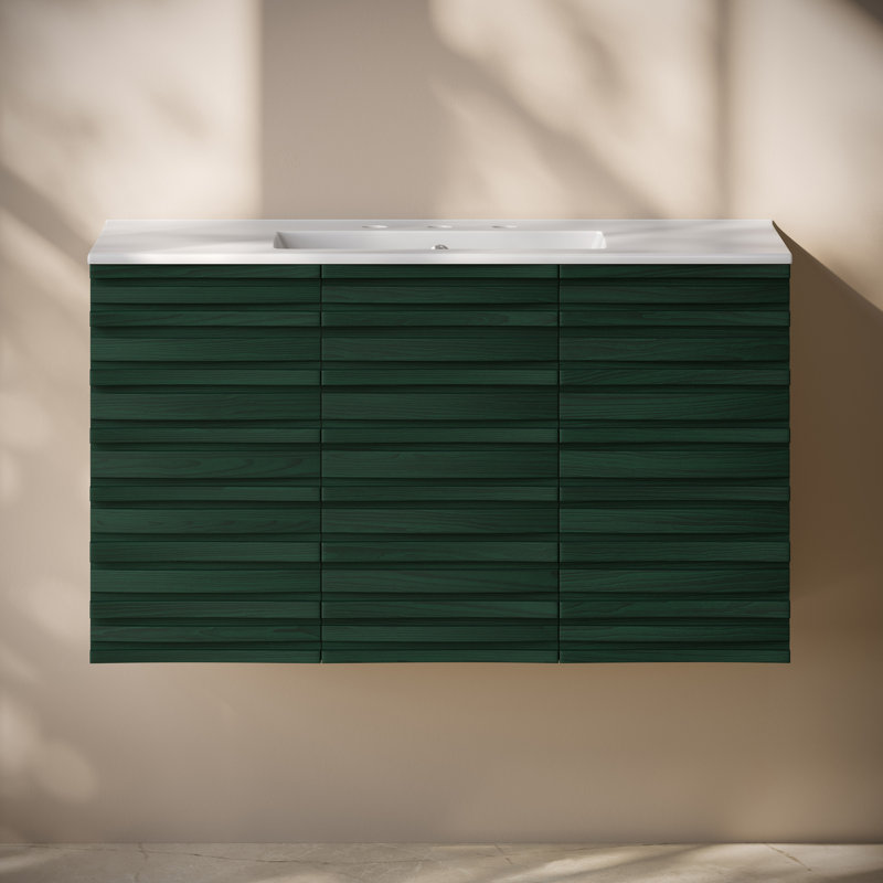 Meuble-lavabo mural Cascade 36 po en chêne vert avec comptoir à 3 trous noir, Vert, Blanc
