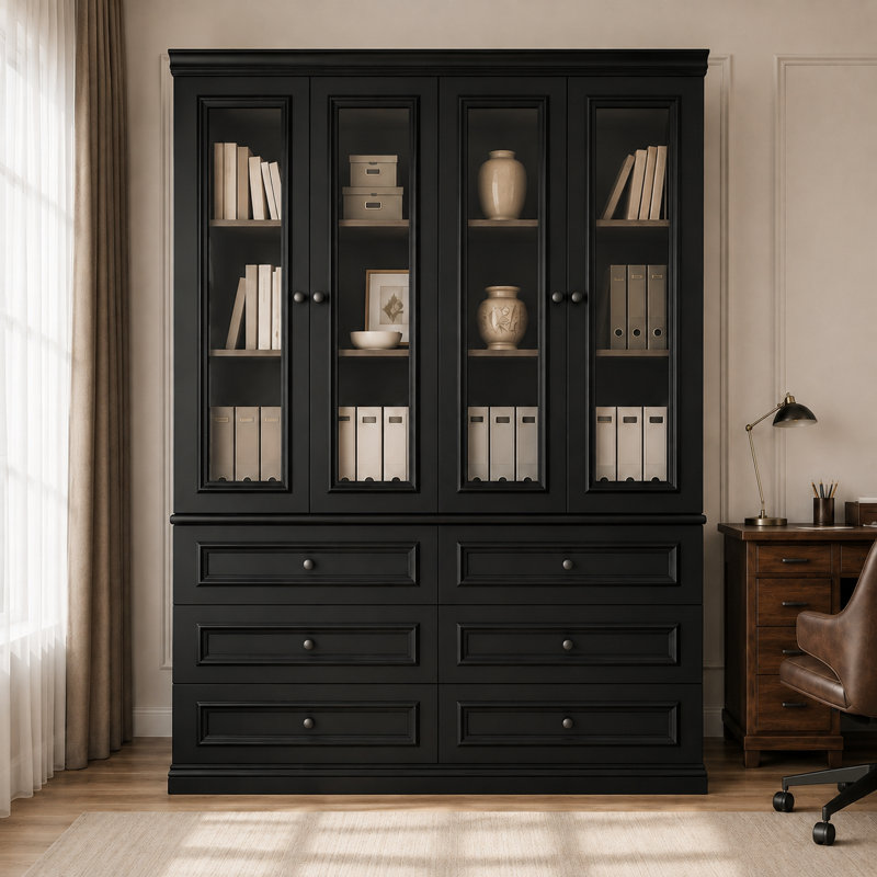 Armoire de rangement de bureau 78,7 po H 4 portes en verre noir