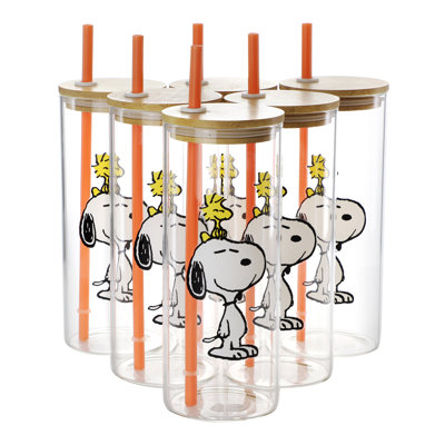 Gibson Peanuts Snoopy And Woodstock 6 Piece 23 Ounce Glass Tumbler With Straw And Bamboo Lid In Orange