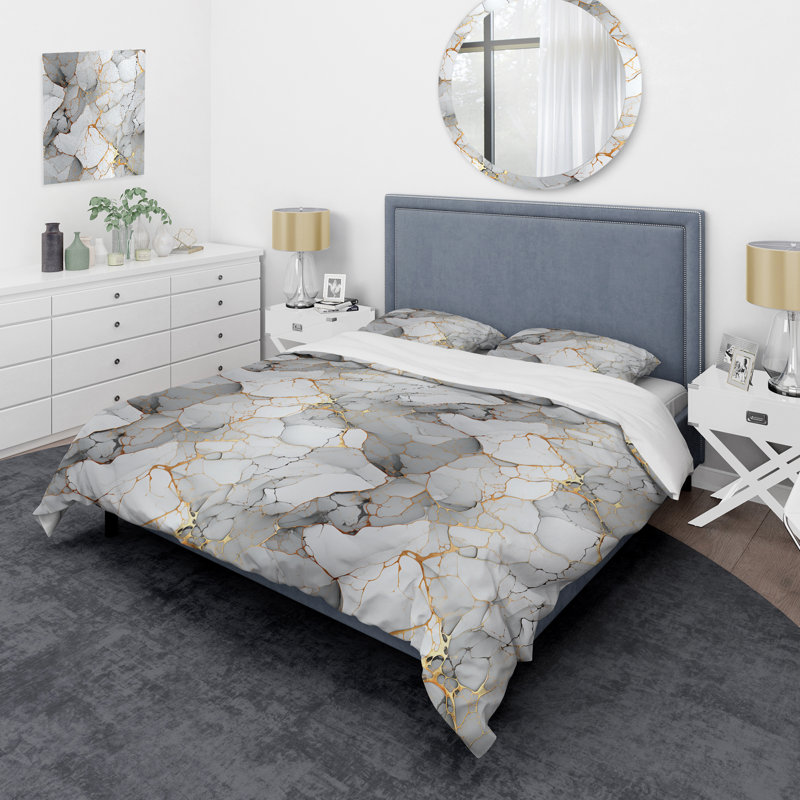 White And Grey Marble Harmony Pattern II - Ensemble de housse de couette en marbre