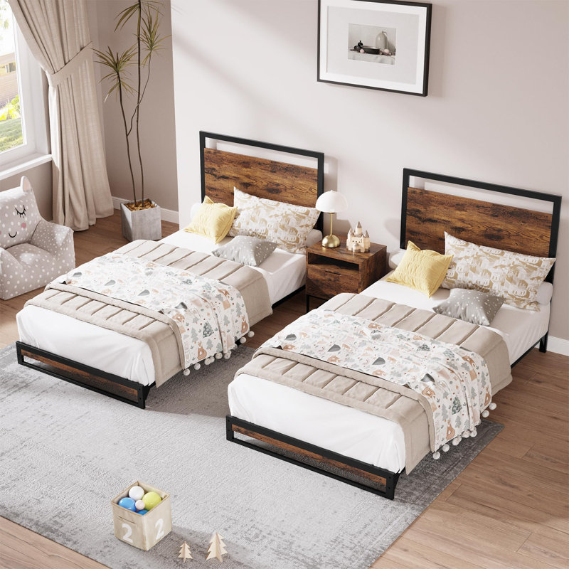 6 Inch Metal Platform Bed Frame With Wooden Headboard And Footboard, Mattress Foundation, Twin