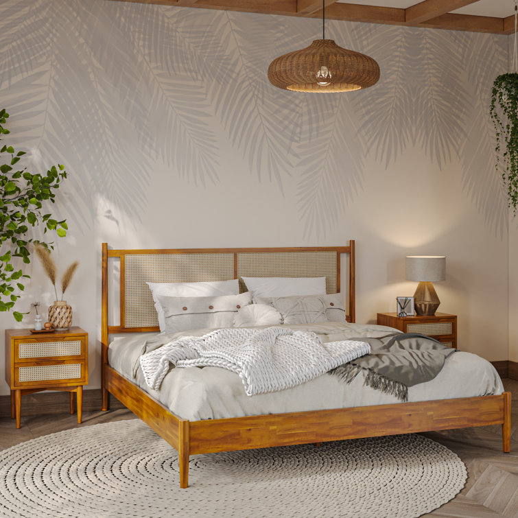 Oliver Solid Wood Rattan Platform Bed with Headboard, Rattan Frame