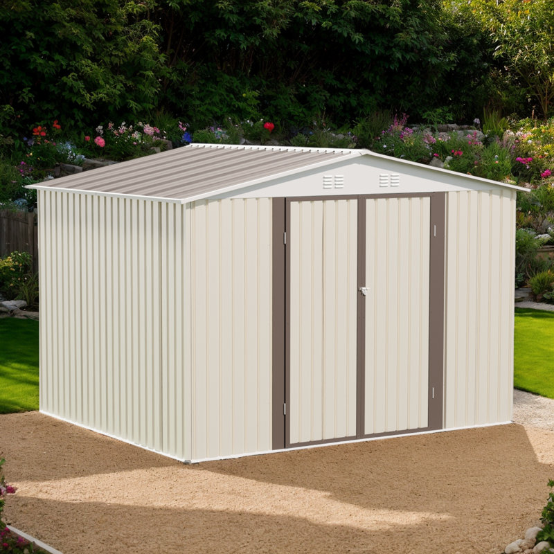 Abri de jardin blanc 10 pi x 8 pi avec fondation, cadre en aluminium et porte à charnière