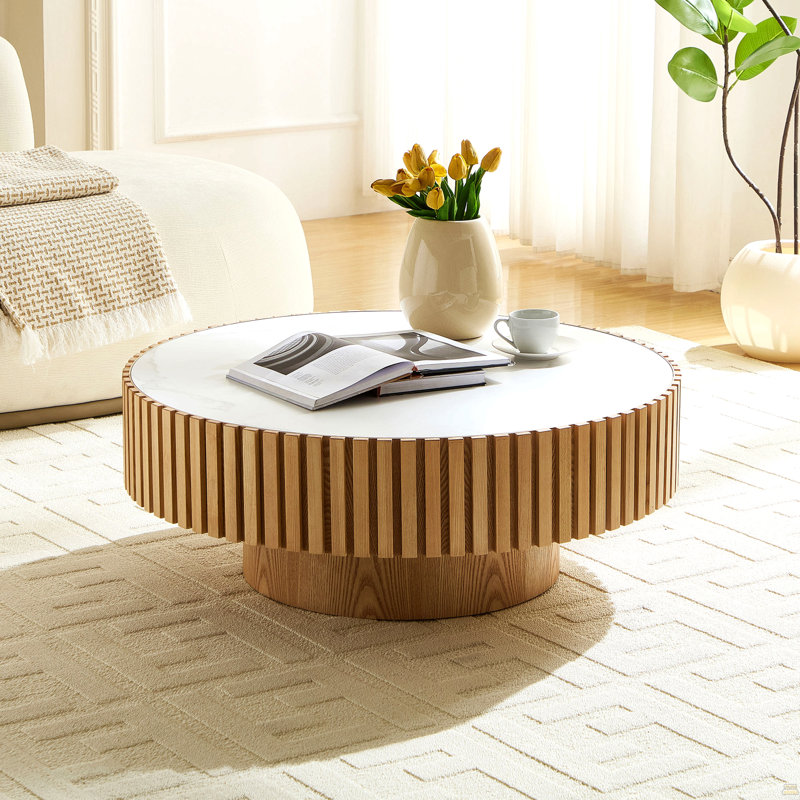 Table basse cylindrique 35,43 po, Chêne, Pierre frittée, Blanc