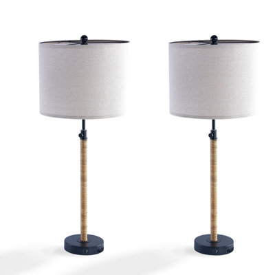 33 po. Laiton campagnard moderne en métal pour chambre à coucher / salon, table de chevet, table de chevet, grandes lampes de table avec abat-jour cylindrique en lin avoine et protection USB / TYPE-C