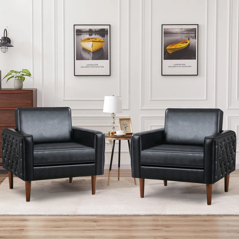 Fauteuil Mid-Century en similicuir avec siège spacieux, Similicuir noir