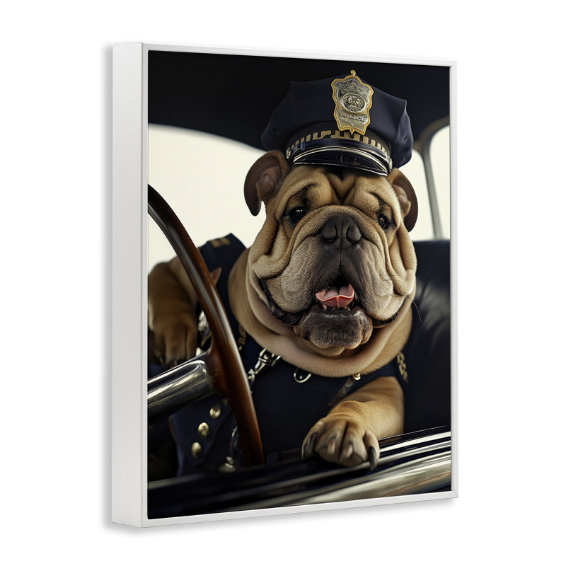 «Police Dog in Car Giclee» par Ray Heere, Estampe numérique encadrée blanc bord de mer, H 14 po x l 11 po