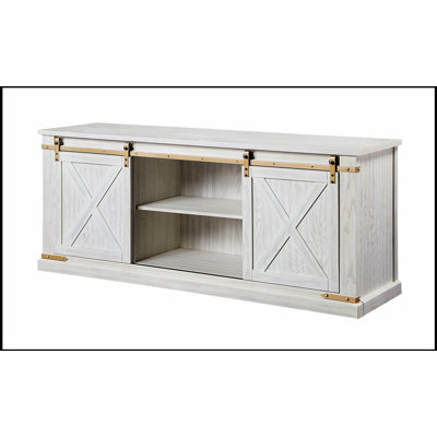 Console de télévision rustique au fini blanc antique antique avec portes coulissantes, décorations en métal et plusieurs tablettes de rangement ouvertes pour une conception campagnarde