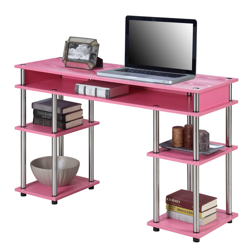 Edwin No Tools Writing Desk with Shelves, Pink/Silver Poles