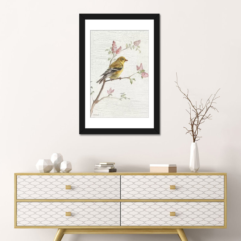 « féminin goldfinch, rétro » par danhui nai, impression sur toile, H 24 po x l 16 po x P 1 po, Papier avec cadre noir, Blanc