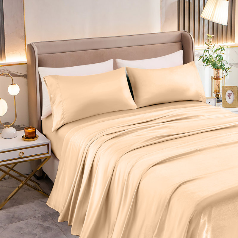 Elegant Comfort Luxurious 4-Piece Silky Satin Sheet Set, Skin And Hair Friendly, Wrinkle, Fade, Stain Resistant With Deep Pockets Fitted Sheet, Cooling Soft Satin Sheet Set