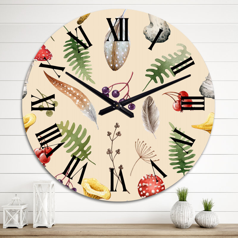 Horloge murale à motif de plantes sauvages et de champignons sur fond beige, Surdimensionné