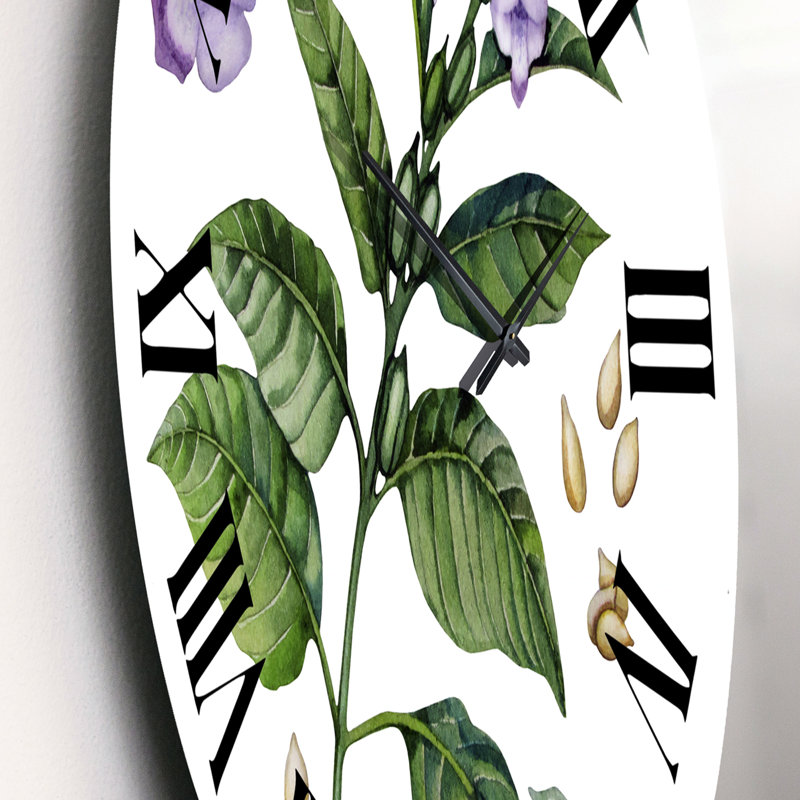 Horloge murale traditionnelle - Fleurs de sésame mauve avec feuilles vertes, Moyen