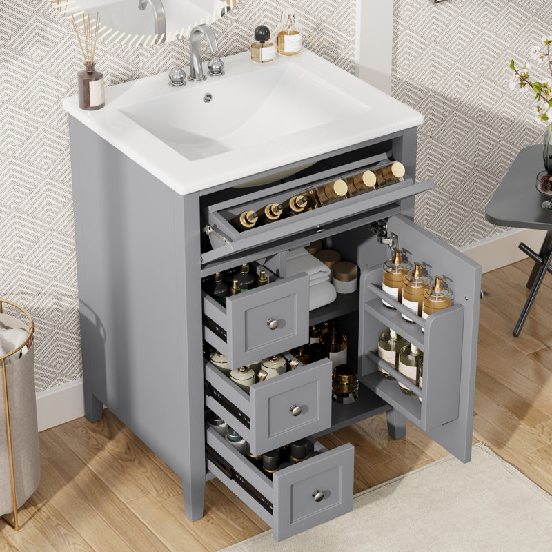 Meuble-lavabo autoportant 24 po avec comptoir en céramique 24 po, Gris