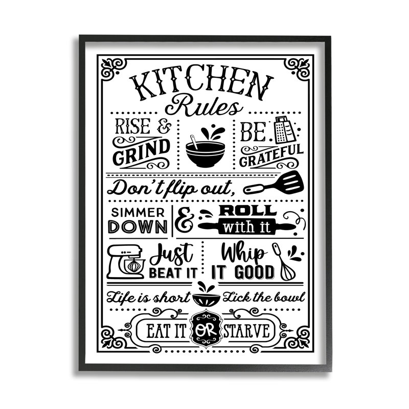 «Witty Kitchen Rules», motif à bordure rétro, estampe numérique texturée, Giclée encadrée noir minuit