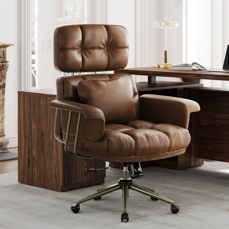 Chaise de bureau en similicuir de qualité supérieure, conception ergonomique brune avec coussin de siège épais et soutien lombaire, confortable chaise pivotante de style moderne Mid-Century, convient au bureau à domicile.