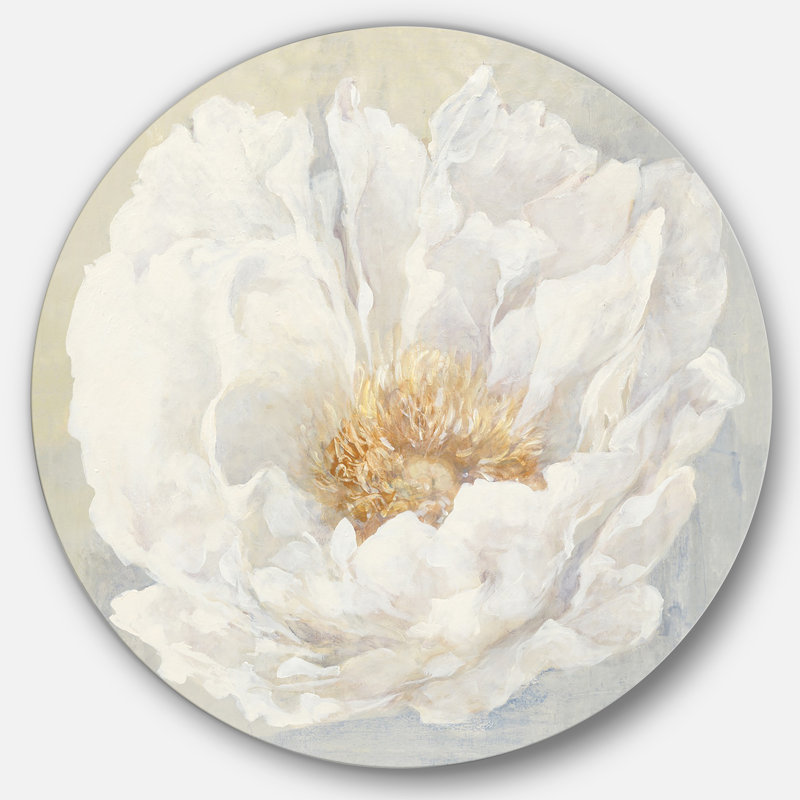 White Serene Peony - Reproduction d'art en cercle métallique sur toile, H 11 po x l 11 po