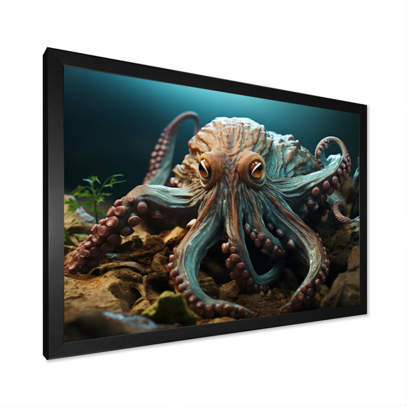 Teal Octopus Lunar Reflections sur toile, H 24 po x l 32 po x P 1 po, Cadre photo noir