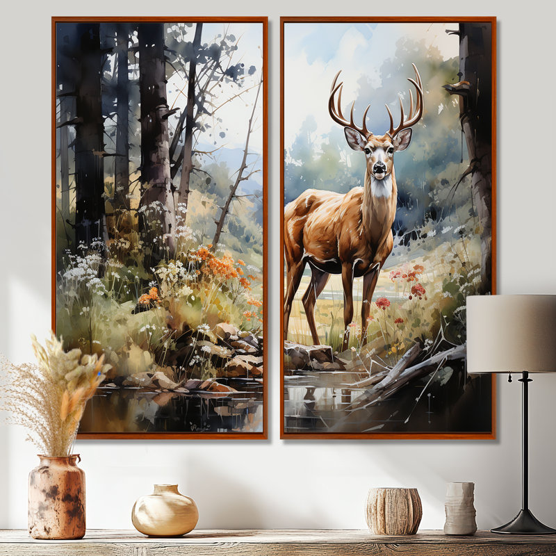 Chevreuil gracieux - ensemble d'art mural brun de 2, 32" H x 32" W, Impression encadrée flottante, Brown
