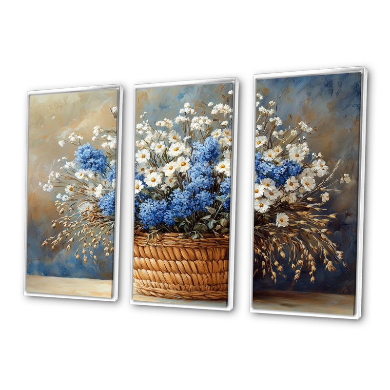 Ensemble d'art mural bleu et blanc jardin de ferme - fleurs sauvages, Toile encadrée flottée blanche