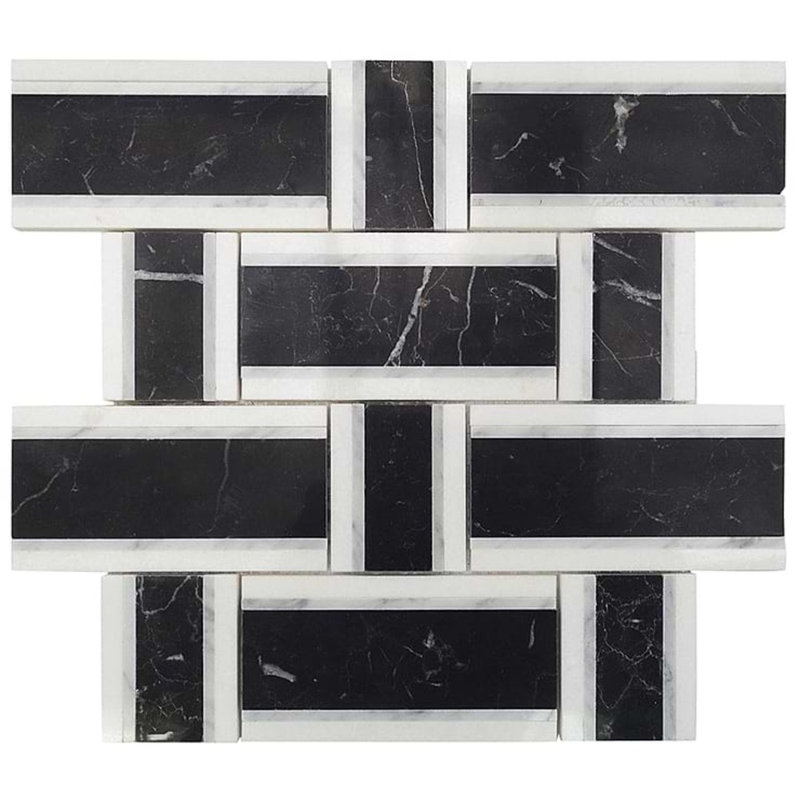Esplanade 13x13 Basketweave Polished Marble Mosaic Tile, Black Beauty