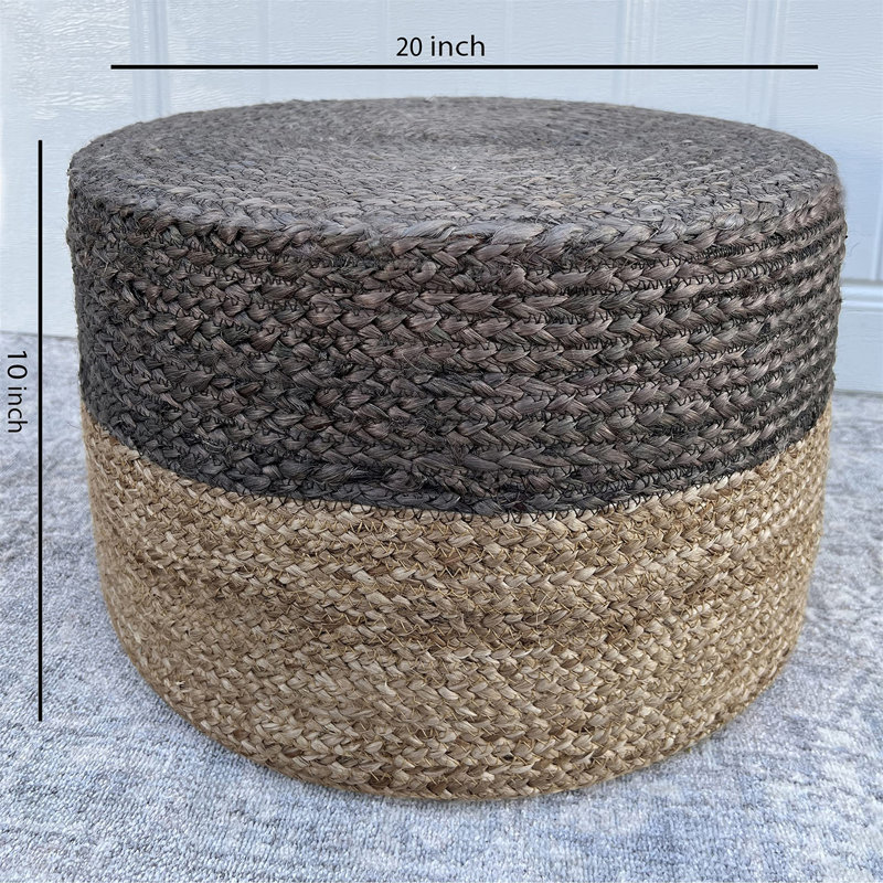 Gray and Beige Handwoven Jute Round Pouf Ottoman