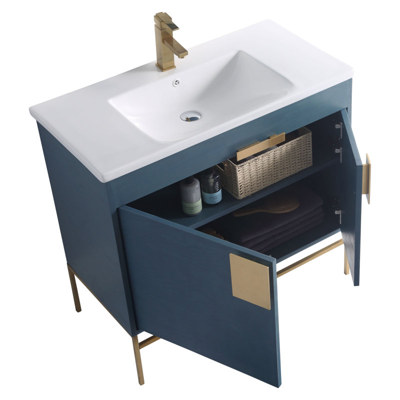 Ensemble de meuble-lavabo simple 36 po Maisie, Laiton satiné, Bleu français