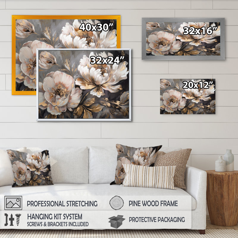 White Grey Peony Blooms In Motion IV - Canvas Wall Art, 24" H x 32" W, Floater Framed Print, Gold
