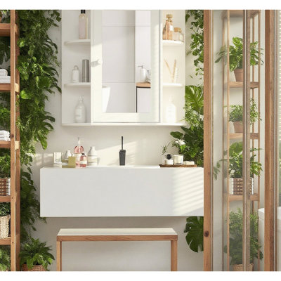 Armoire de salle de bain blanche avec miroir - construction solide, grand espace de rangement pour les savons et les tissus, toilettage central, l 26 po x P 6,75 po, H 24,75 po, capacité de tablette de 11 lb, tablettes exposées fermées,