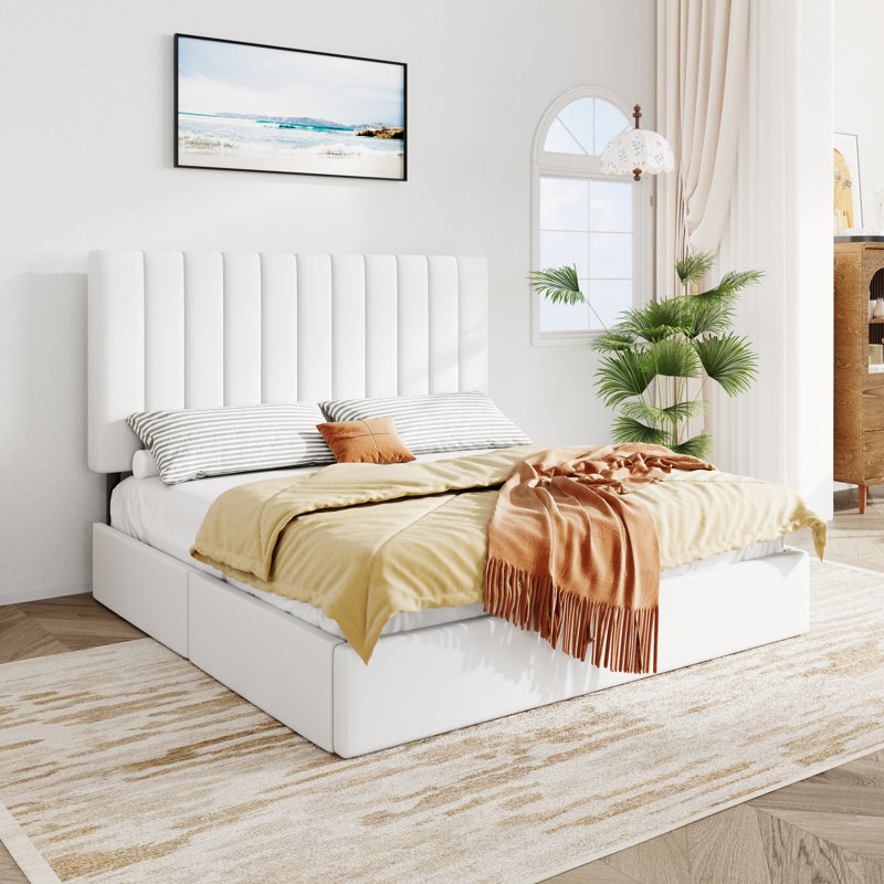 Lit plateforme tapissier en velours avec tête de lit réglable et 4 tiroirs, Double , Blanc