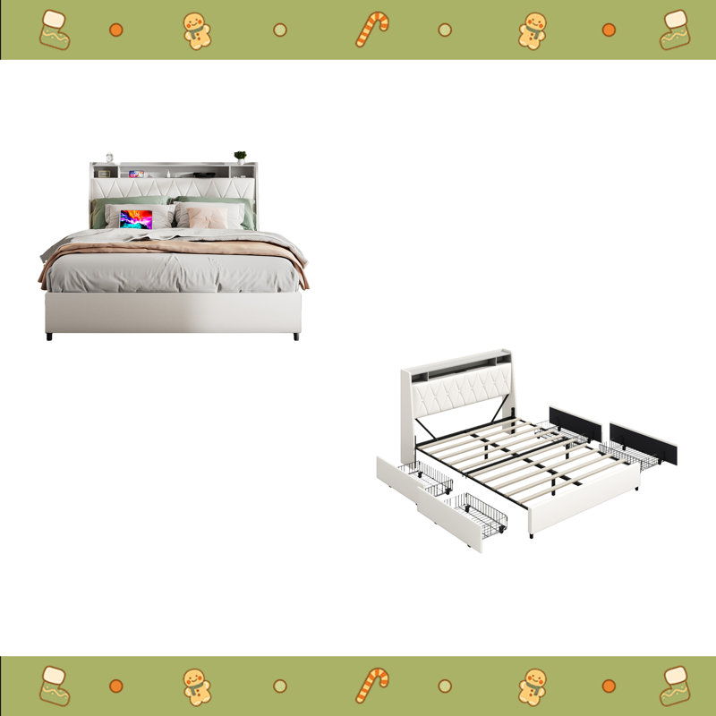 Queen Bed Frame With Ergonomic Headboard, Platform Bed Frame Queen Size With Outlets & Charger, Metal Bed Frame Queen Size With Storage Shelf, Noise-Free, No Box Spring Needed