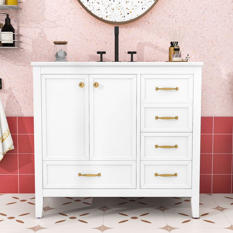 Meuble-lavabo sur pied 36 po avec lavabo en céramique, 4 tiroirs et portes à fermeture en douceur, Blanc