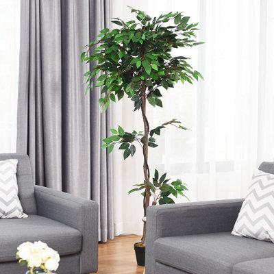 Primrue 5.5-feet Artificial Ficus Silk Tree Wood Trunks Green Outdoor Home Decor