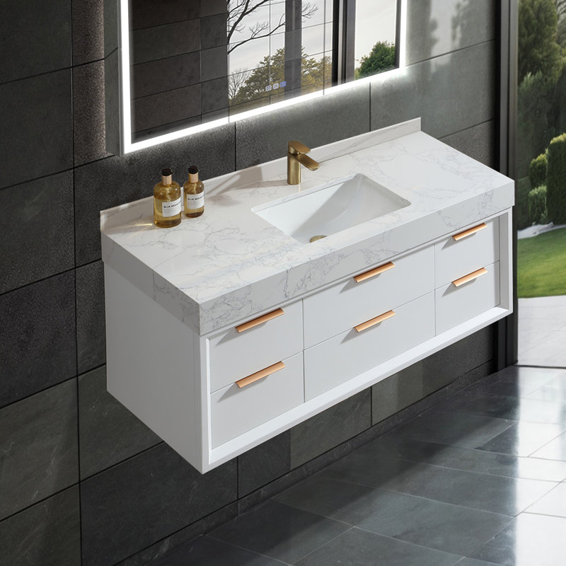 Solid wood 48'' Modern Wall Mounted Single Bathroom Vanity with Engineered Stone Top and Light, White