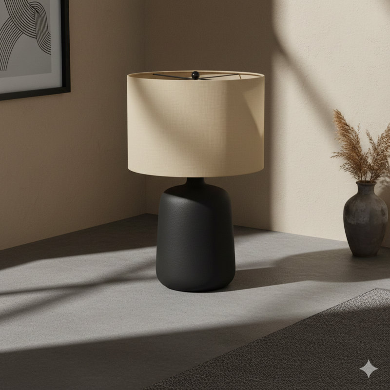 Lighting, H 24 po, lampe de table, céramique noire, abat-jour beige, contemporain