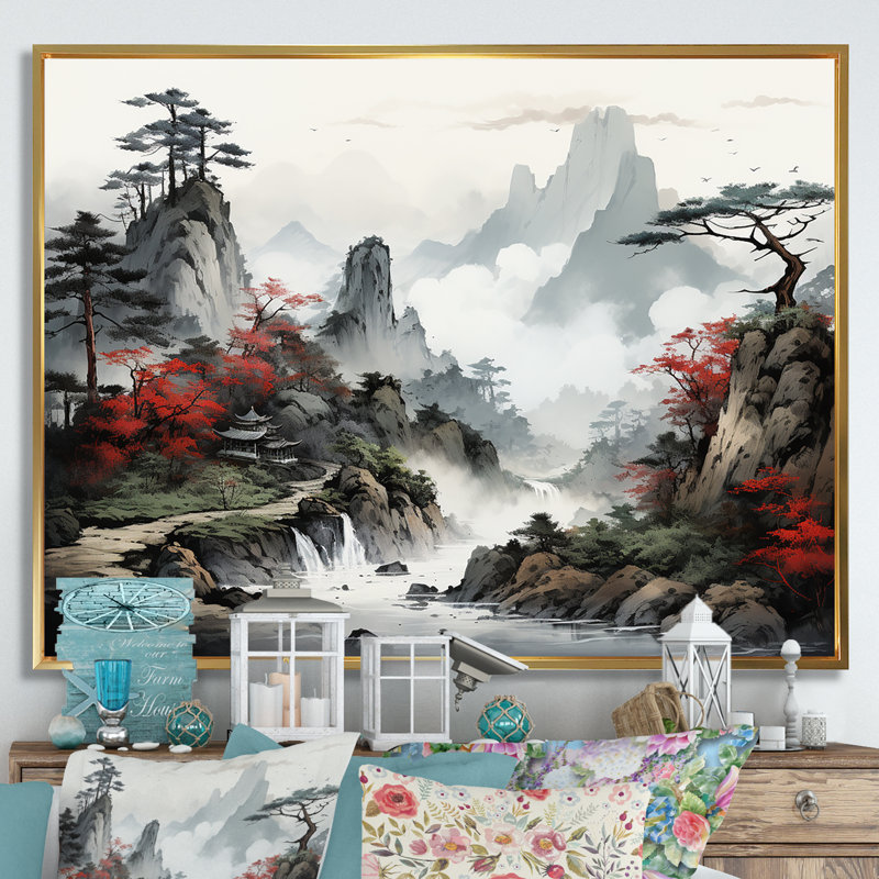 «Gray River China Landscape I», art mural Chine, Cadre flottant doré, H 30 po x l 40 po x P 1,5 po