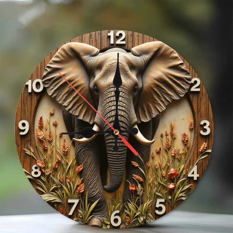 2D Elephant Wall Clock with Floral Design Decor