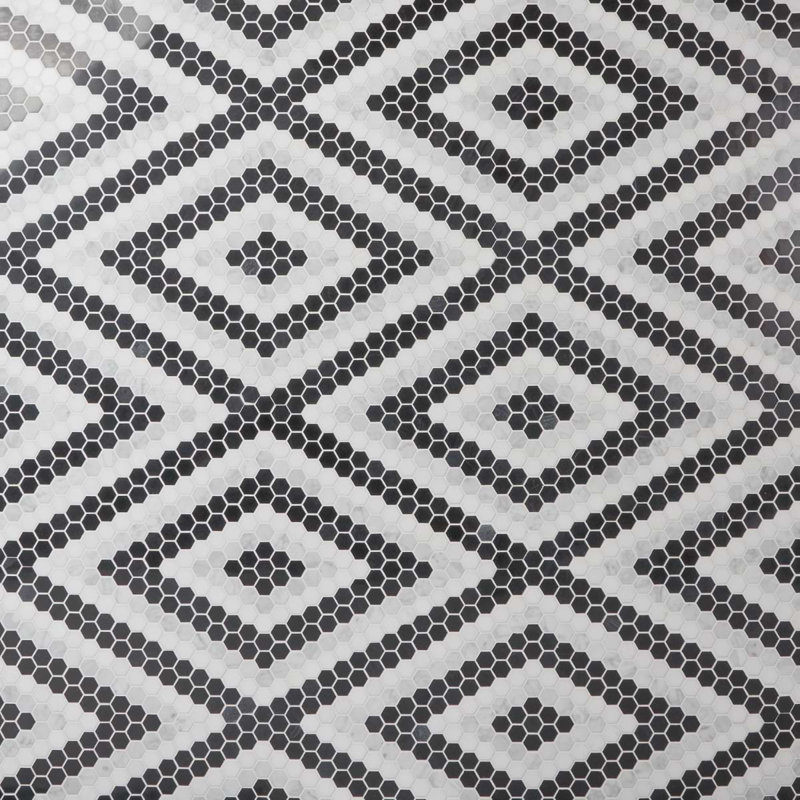Juno Diamond 1" Hexagon Polished Marble Mosaic Tile, Black/White
