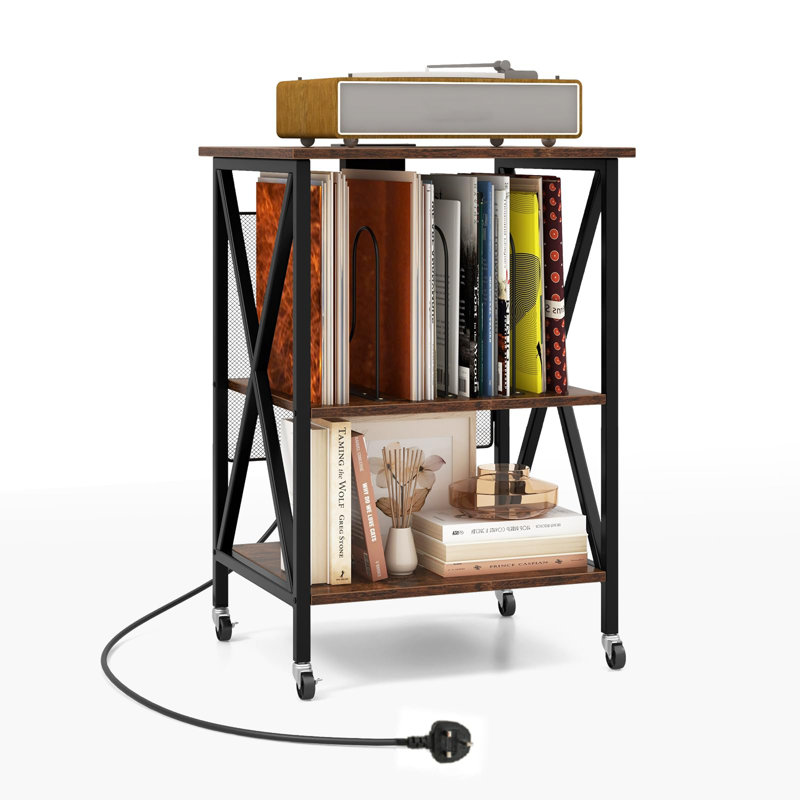 Record Player Stand, 3 Tiers Industrial Rolling End Table With Lockable Wheels, Metal Guard And Storage Shelf, Wooden Nightstand Sofa Side Table