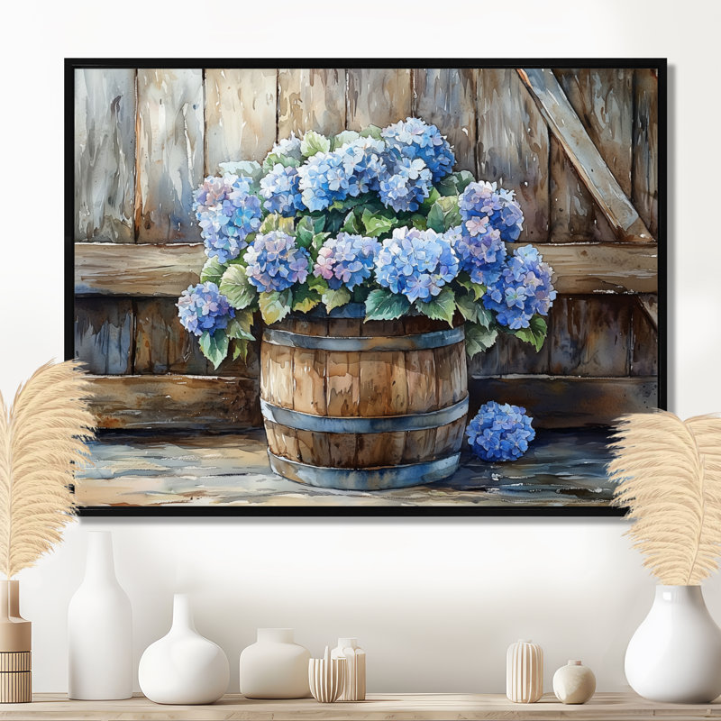 Hortensias dans un tonneau en bois - Art mural hortensias, Noir, H 12 po x l 20 po, Impression encadrée flottante