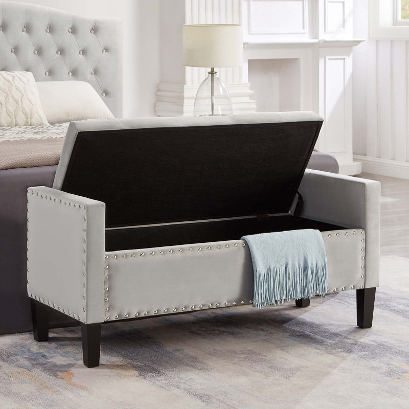 Banc de rangement rembourré capitonné avec accoudoirs, Gris