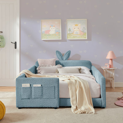 Full Size Upholstered Platform Bed With Cute Rabbit Ear Shaped Headboard, With Safety Rail And Pocket, Boucle Fabric, Sky Blue