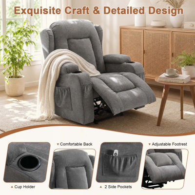 Fauteuil inclinable électrique Power Lift pour personnes âgées avec massage et massage à 8 points de chaleur, chaleur lombaire, aide au levage électrique, port de charge USB, deux porte-gobelets, poches latérales